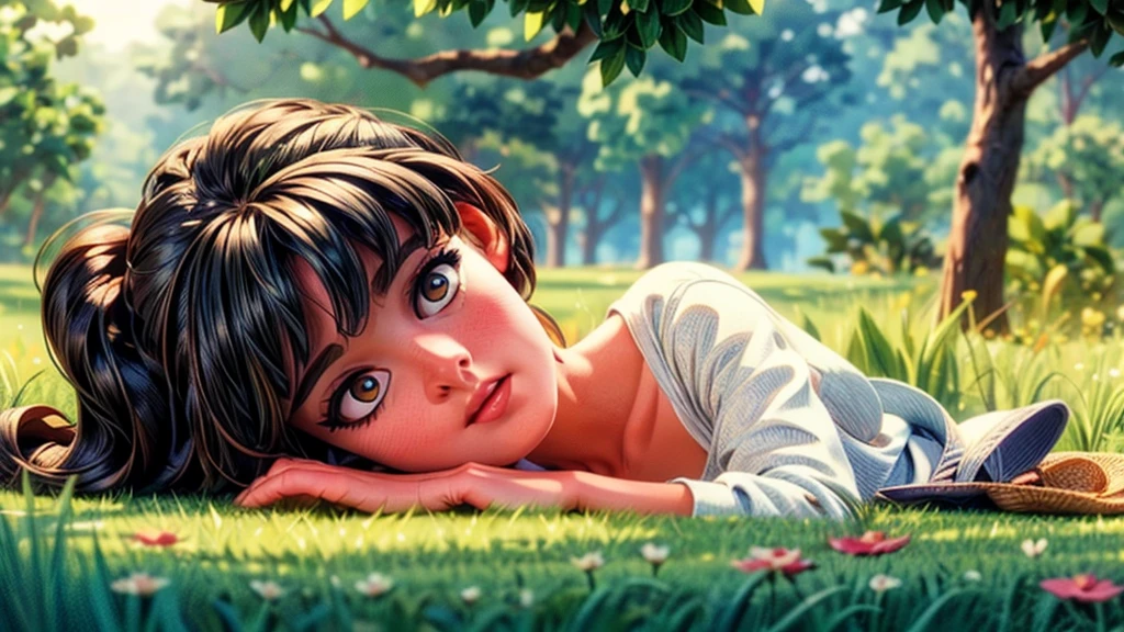 a young girl lying in a grassy field, watching the sunrise, beautiful detailed eyes, beautiful detailed lips, extremely detailed eyes and face, long eyelashes, serene expression, warm sunlight, golden hour lighting, vibrant colors, cinematic composition, photorealistic, 8k, hyper detailed, masterpiece