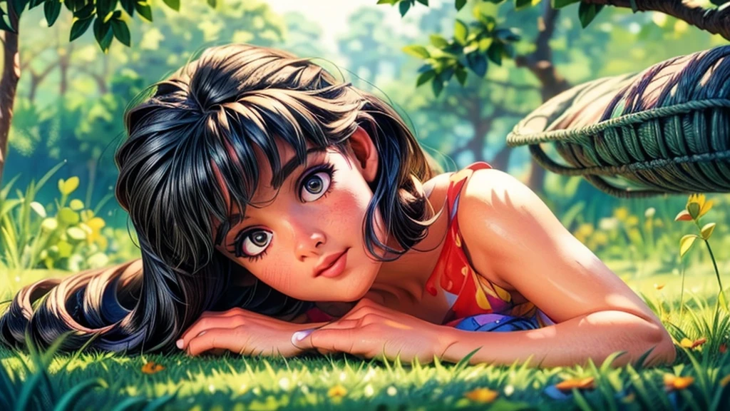 a young girl lying in a grassy field, watching the sunrise, beautiful detailed eyes, beautiful detailed lips, extremely detailed eyes and face, long eyelashes, serene expression, warm sunlight, golden hour lighting, vibrant colors, cinematic composition, photorealistic, 8k, hyper detailed, masterpiece