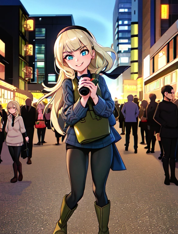 1girl, solo, (Gwen Stacy:1.1), platinum blonde hair, bright blue eyes, ((Wearing: Black headband, olive green sweater, shiny black leggings, Ugg Boots)),holding a handbag, looking at viewer with a relaxed and mellow smile, walking outside on New York streets, crowds of people on the surroundings, full body, busy atmosphere, cinematic lighting, detailed background,
