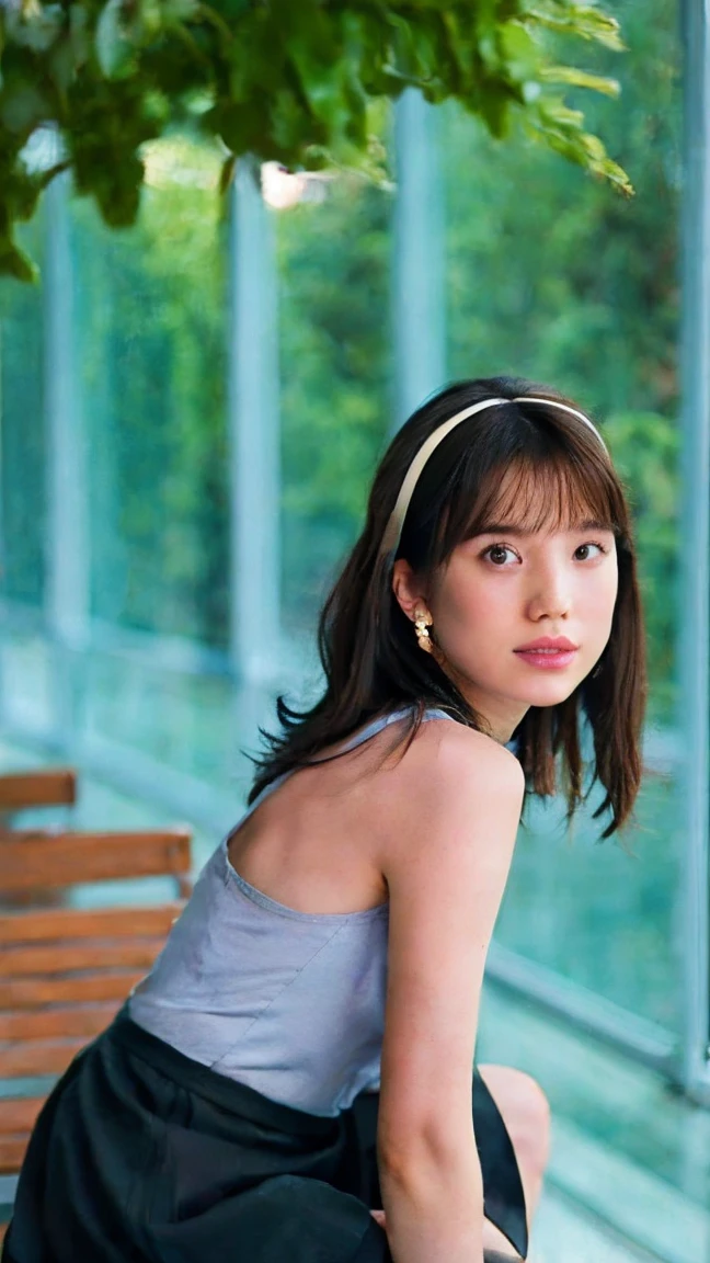 1 Girl, Solitary, Long hair, breast, Bangs, Black Hair, Hair accessories, skirt, Keep, Bare shoulders, Black eyes, Jewelry, sit, Shut up, Pantyhose, earrings, parted Lips, sleeveless, indoors, Medium Length Hair, black skirt, Lips, looking off to the side, Book, black Pantyhose, bare arm, sleeveless skirt, Look away, plant, bench, potted plant, on bench