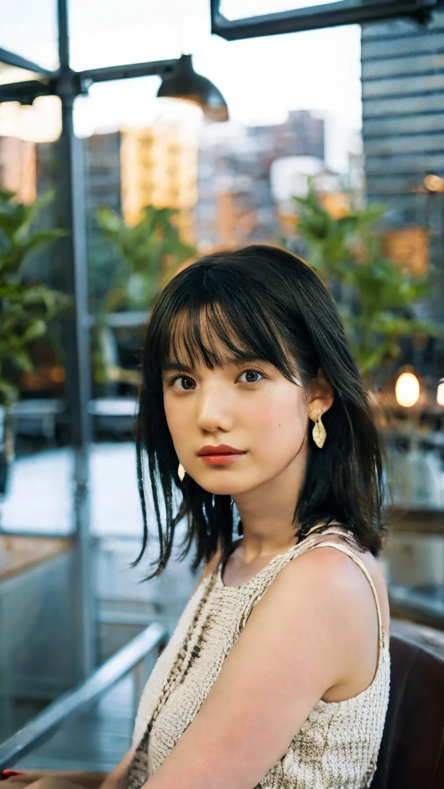 1 Girl, Solitary, Long hair, breast, Bangs, Black Hair, Hair accessories, skirt, Keep, Bare shoulders, Black eyes, Jewelry, sit, Shut up, Pantyhose, earrings, parted Lips, sleeveless, indoors, Medium Length Hair, black skirt, Lips, looking off to the side, Book, black Pantyhose, bare arm, sleeveless skirt, Look away, plant, bench, potted plant, on bench