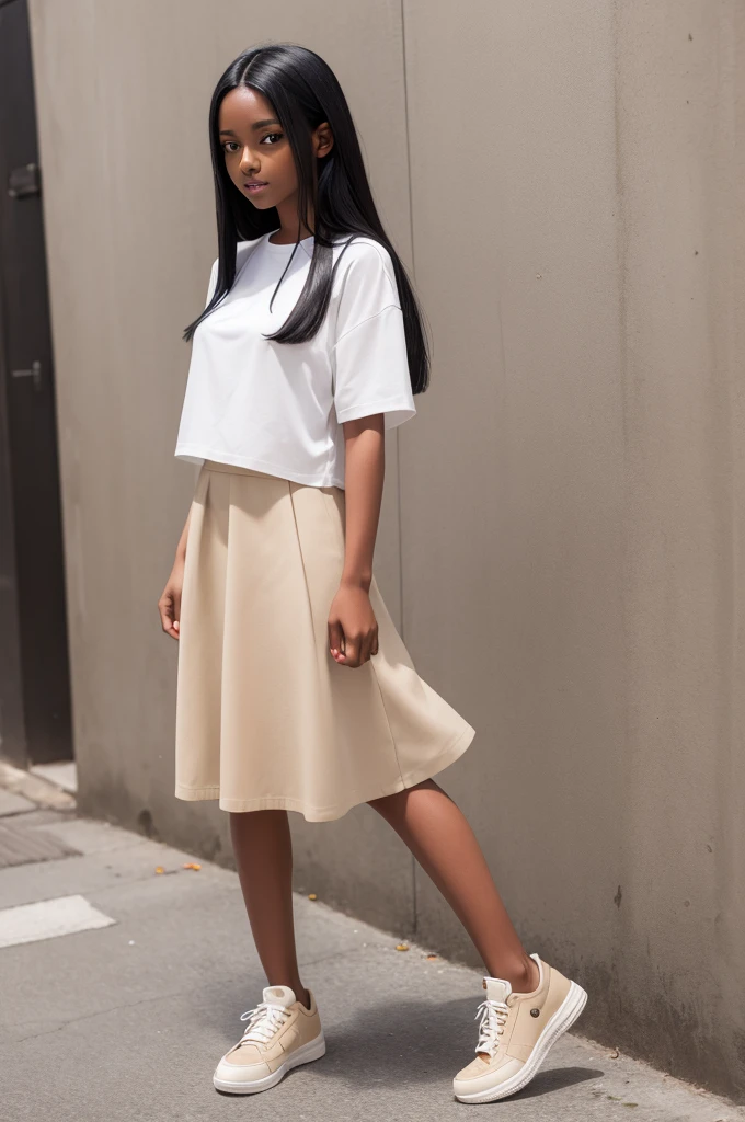 Dark-skinned girl with long straight black hair, and white blouse with a beige skirt and cute sneakers