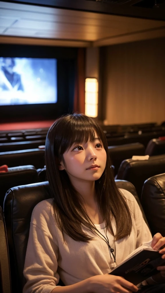 A Japanese girl in her 20s is watching a movie in a dimly lit movie theater, the light from the screen shining on her face, crying as she watches the screen