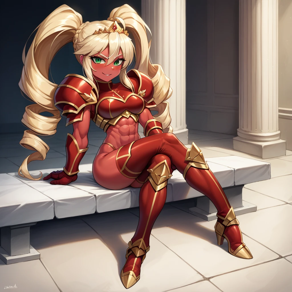 Lancer Artoria, elegant adult female, blonde, green eyes (yellow eyelashes) crown, turtleneck, full body sitting on a bench, showing ass to me, RED breastplate, RED skin (1SologirlRED skin:1.2), looking at viewer, shiny, armor, thigh highs, high boots, pauldrons shoulder armor, faulds, poleyn, RED gloves gauntlets, rerebrace, RED military armored boots, yordle muscular lean platinum blonde long twin tails hairstyle at the bedroom lustful smirking smile face red blushed, blush, strong abs, female body builder, tiara, twin drills hair, (masterpiece, best quality, ultra detailed, best shadow)