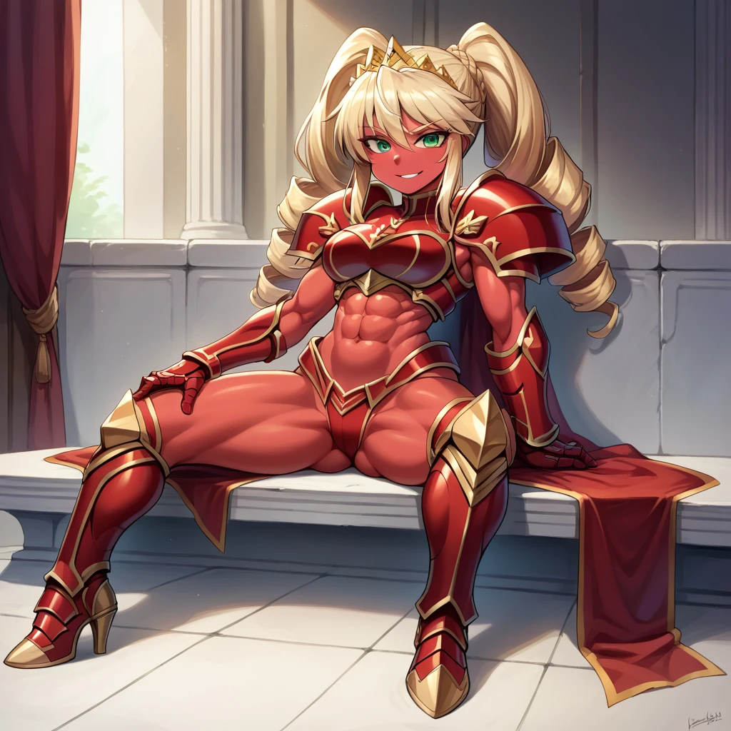 Lancer Artoria, elegant adult female, blonde, green eyes (yellow eyelashes) crown, turtleneck, full body sitting on a bench, showing ass to me, RED breastplate, RED skin (1SologirlRED skin:1.2), looking at viewer, shiny, armor, thigh highs, high boots, pauldrons shoulder armor, faulds, poleyn, RED gloves gauntlets, rerebrace, RED military armored boots, yordle muscular lean platinum blonde long twin tails hairstyle at the bedroom lustful smirking smile face red blushed, blush, strong abs, female body builder, tiara, twin drills hair, (masterpiece, best quality, ultra detailed, best shadow)