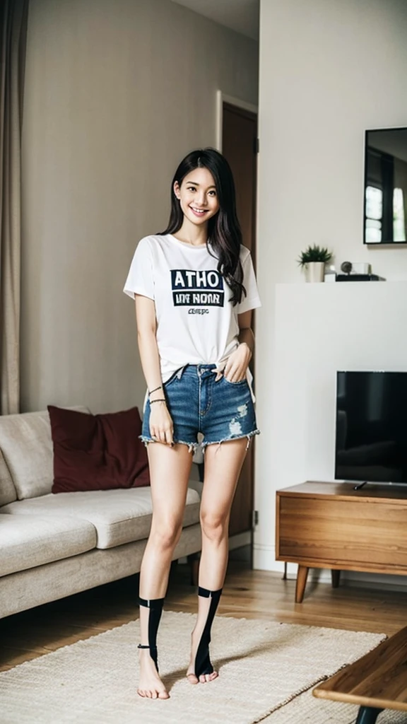 (Highest quality:1.5), (Real:1.4), (Ultra high definition:1.4), (1 Japanese skinny woman in her twenties), (skinny body), skinny face, (Plain T-shirt), (Plain shorts), barefoot, (skinny woman is standing in living room at home), (20's skinny woman is standing with t-shirt and shorts in living room), (front view of a skinny woman), Living room at home, Cowboy Shot, (smile), (Turn your body forward), (upright), (skinny), (skinny), (Very thin)