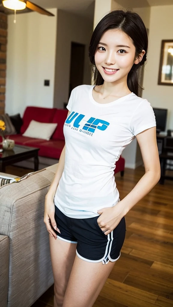 (Highest quality:1.5), (Real:1.4), (Ultra high definition:1.4), (1 Japanese skinny woman in her twenties), (skinny body), skinny face, (Plain T-shirt), (Plain shorts), barefoot, (skinny woman is standing in living room at home), (20's skinny woman is standing with t-shirt and shorts in living room), (front view of a skinny woman), Living room at home, Cowboy Shot, (smile), (Turn your body forward), (upright), (skinny), (skinny), (Very thin)