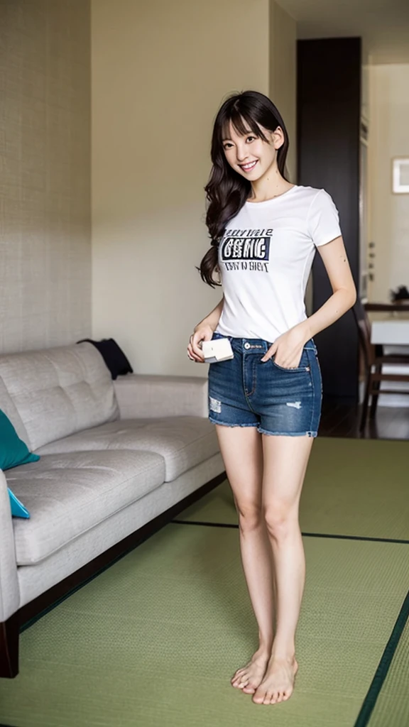 (Highest quality:1.5), (Real:1.4), (Ultra high definition:1.4), (1 Japanese skinny woman in her twenties), (skinny body), skinny face, (Plain T-shirt), (Plain shorts), barefoot, (skinny woman is standing in living room at home), (20's skinny woman is standing with t-shirt and shorts in living room), (front view of a skinny woman), Living room at home, Cowboy Shot, (smile), (Turn your body forward), (upright), (skinny), (skinny), (Very thin)