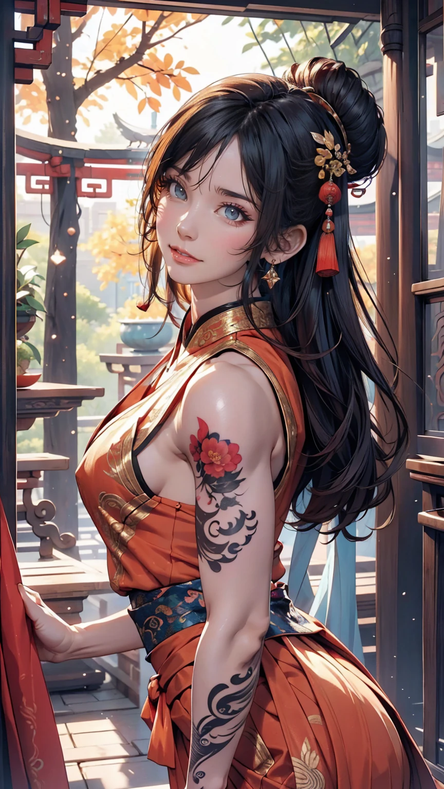Ancient Chinese Beauties, Attractive temperament, Flowing long skirt, Clear Face, Beautiful Eyes, Around the sweet osmanthus, A well-proportioned masterpiece with perfect body structure, Very detailed, A magnificent composition, Color tattoo art, New Traditional Tattoo Art, SD Tattoo Design, Color tattoo art, Mysterious, warm and friendly atmosphere, Hyperrealistic painting, Super HD, high quality, 最high quality, 32K --v 6、Sexy proportions、Sexy、Narrow waist