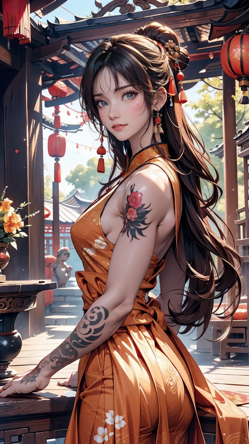 Ancient Chinese Beauties, Attractive temperament, Flowing long skirt, Clear Face, Beautiful Eyes, Around the sweet osmanthus, A well-proportioned masterpiece with perfect body structure, Very detailed, A magnificent composition, Color tattoo art, New Traditional Tattoo Art, SD Tattoo Design, Color tattoo art, Mysterious, warm and friendly atmosphere, Hyperrealistic painting, Super HD, high quality, 最high quality, 32K --v 6、Sexy proportions、Sexy、Narrow waist