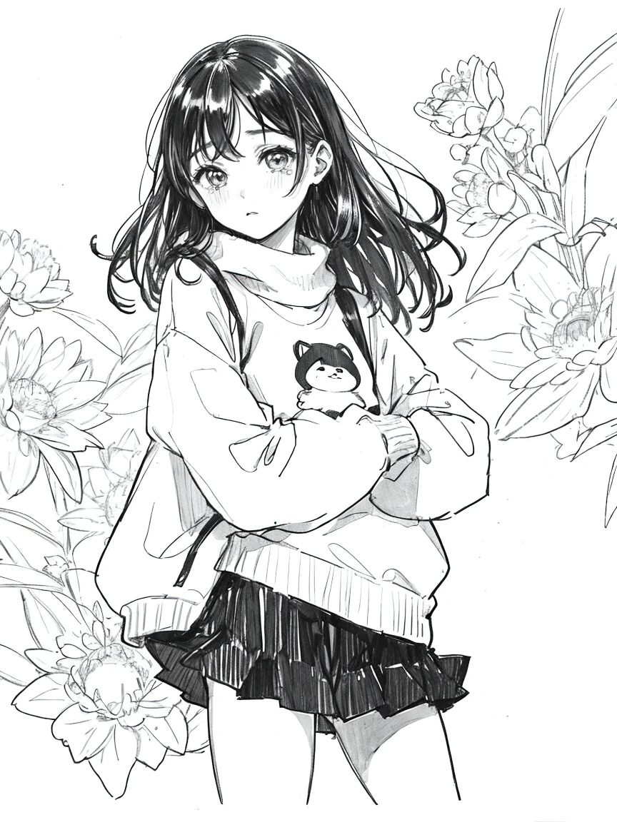 One Girl,Line art,Monochrome,sketch,Pencil drawing,Traditional Media,One Girl, Upper body,She's in trouble,pattern,sweater,Beaver ,Delicate body、mini skirt、black tights、Open leg pose、, Long sleeve, With legs apart, alone、(Cute  Girl, alone),Beautiful portrait、Respect、Crying face、Seeking help、Black-haired、