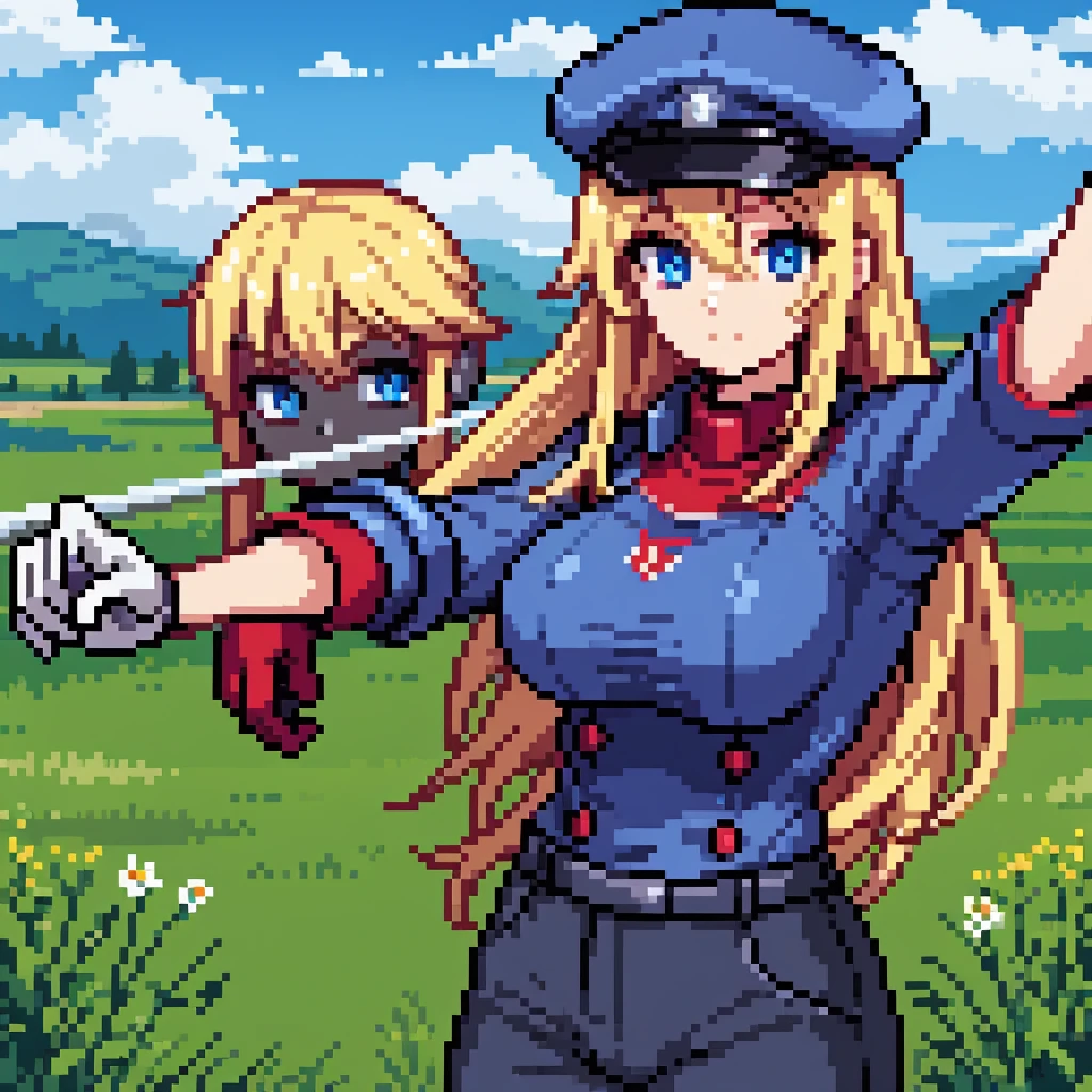 1girl, long blonde hair, blue eyes, gray beret, red t-shirt white robotic gloves implants, large pants, pointing foward, grassland on background