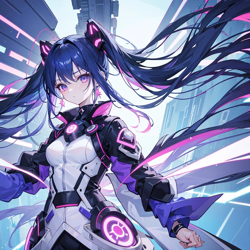 "Using advanced AI technology, generates an image of an anime girl with a bold and unique style. She has extravagant, shiny hair in vibrant colors like electric blue and deep purple., with locks flowing freely in the wind. His eyes are penetrating and full of life, reflecting a strong and determined personality. It is dressed in a combination of modern and fantastic elements: a mix of urban clothing with futuristic accessories or elements of traditional Japanese costumes embellished with advanced technology. The background could be surreal or futuristic, with urban landscapes full of neon or natural settings transformed by a magical light that highlights their enigmatic and powerful presence."