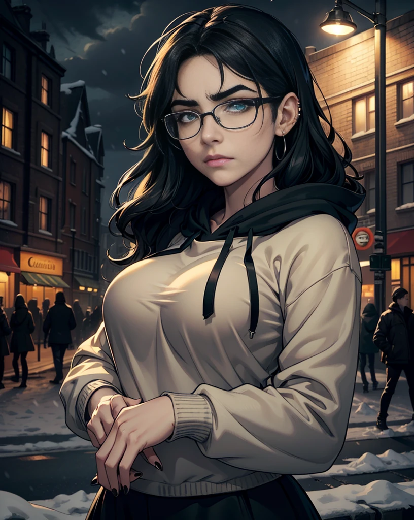 Best quality, volumetric lighting, cinematic lighting, masterpiece, ultra high res, 4k, (soft round detailed face), (sad expression), (detailed green eyes), bags under eyes, thick eyebrows, depressed, melancholy, (wearing rounded glasses), (very pale light skin), detailed black hair, ((long messy greasy hair)), (plain black hoodie), black stud earrings, black nail varnish, unwashed, unkempt, disheveled, sodium streetlamps, midnight, dark clouds, London, snow