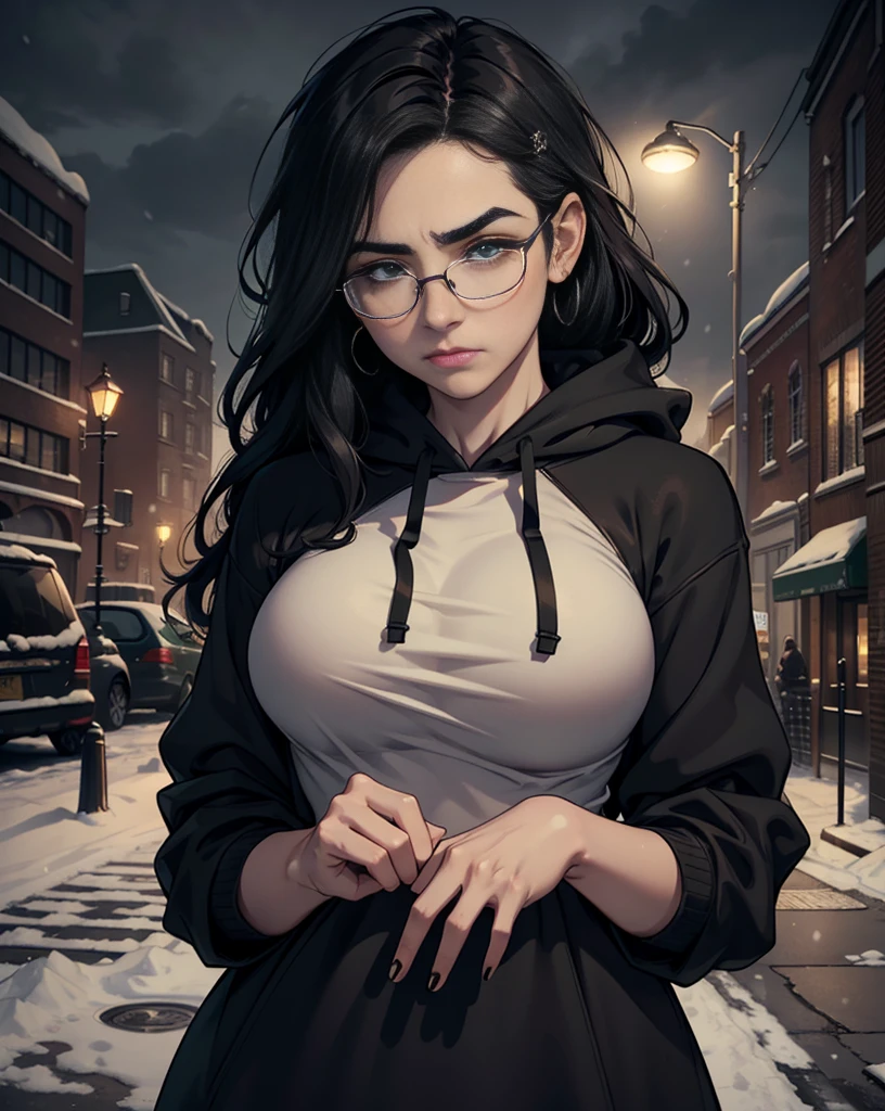 Best quality, volumetric lighting, cinematic lighting, masterpiece, ultra high res, 4k, (soft round detailed face), (sad expression), (detailed green eyes), bags under eyes, thick eyebrows, depressed, melancholy, (wearing rounded glasses), (very pale light skin), detailed black hair, ((long messy greasy hair)), (plain black hoodie), black stud earrings, black nail varnish, unwashed, unkempt, disheveled, sodium streetlamps, midnight, dark clouds, London, snow