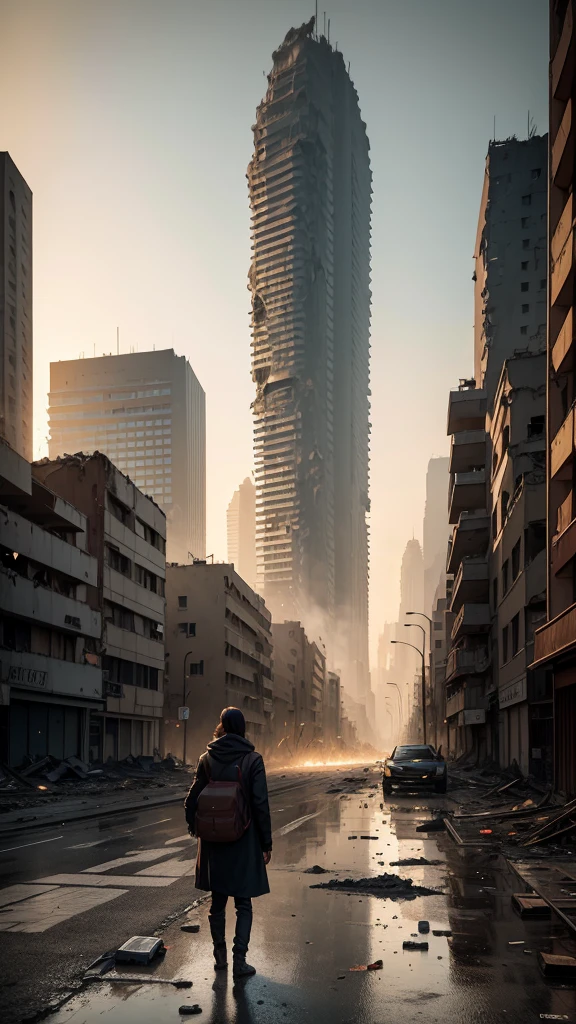 “Generate an image of a large city in ruins after a world war. The scene should depict widespread destruction with collapsed buildings, shattered windows, and rubble scattered across the streets. Smoke and fire should be visible in various parts of the city, adding to the chaotic atmosphere. The sky is dark and filled with ash and debris. There are remnants of abandoned vehicles and signs of a once bustling urban life now left in devastation. The overall mood should be somber and haunting, capturing the aftermath of a catastrophic conflict.”