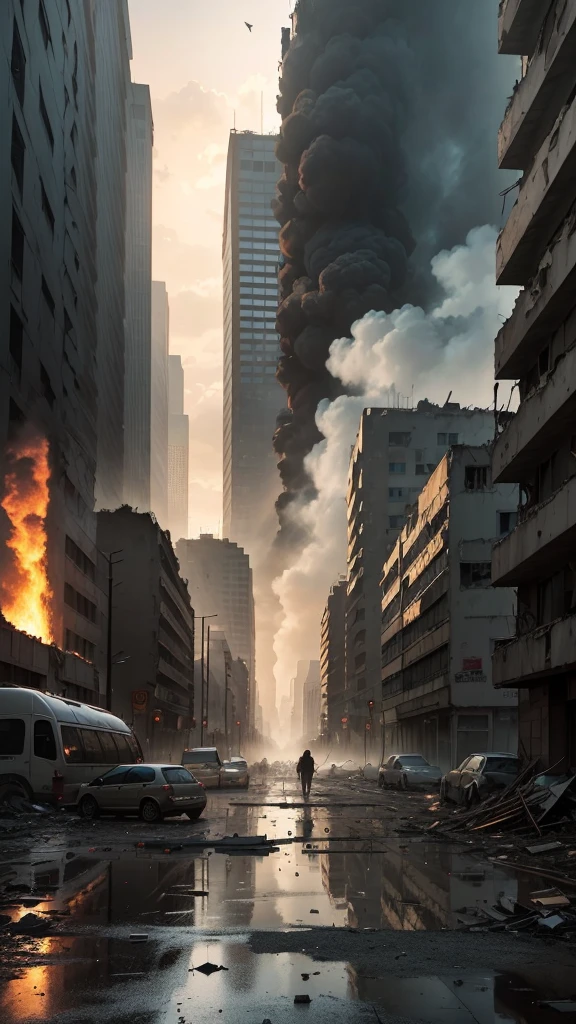 “Generate an image of a large city in ruins after a world war. The scene should depict widespread destruction with collapsed buildings, shattered windows, and rubble scattered across the streets. Smoke and fire should be visible in various parts of the city, adding to the chaotic atmosphere. The sky is dark and filled with ash and debris. There are remnants of abandoned vehicles and signs of a once bustling urban life now left in devastation. The overall mood should be somber and haunting, capturing the aftermath of a catastrophic conflict.”