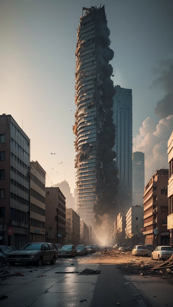 “Generate an image of a large city in ruins after a world war. The scene should depict widespread destruction with collapsed buildings, shattered windows, and rubble scattered across the streets. Smoke and fire should be visible in various parts of the city, adding to the chaotic atmosphere. The sky is dark and filled with ash and debris. There are remnants of abandoned vehicles and signs of a once bustling urban life now left in devastation. The overall mood should be somber and haunting, capturing the aftermath of a catastrophic conflict.”