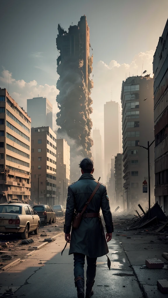 “Generate an image of a large city in ruins after a world war. The scene should depict widespread destruction with collapsed buildings, shattered windows, and rubble scattered across the streets. Smoke and fire should be visible in various parts of the city, adding to the chaotic atmosphere. The sky is dark and filled with ash and debris. There are remnants of abandoned vehicles and signs of a once bustling urban life now left in devastation. The overall mood should be somber and haunting, capturing the aftermath of a catastrophic conflict.”