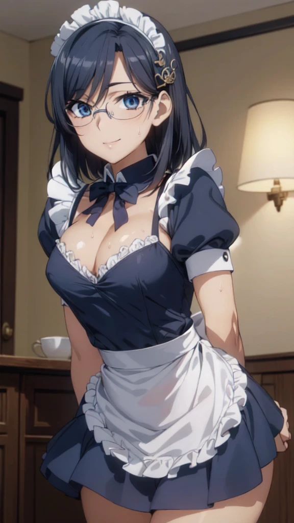 (From the side:1.3),One Girl,18-year-old,(Perfect hands:1.3), Perfect Fingers,Perfect Anatomy, (masterpiece:1.4), Highest quality,Realistic, hyperRealistic, 16k hdr, morning, short hair,Put your arms behind your back,(Aesthetic Anime Eyes:1.4),Condescending eyes,Beautiful Eyes,(Beautiful female hands:1.3),Small hands,(Thin fingers:1.3), (Navy Blue Hair), blue eyes, Glasses,Something like that, Cafe,Are standing,(Sweat:1.3),(smile:1.2),,Cleavage,(S outfit,Hernament:1.2),Ultra mini skirt,Frills,Sexy maid outfit,White ies,raise one leg sligh
