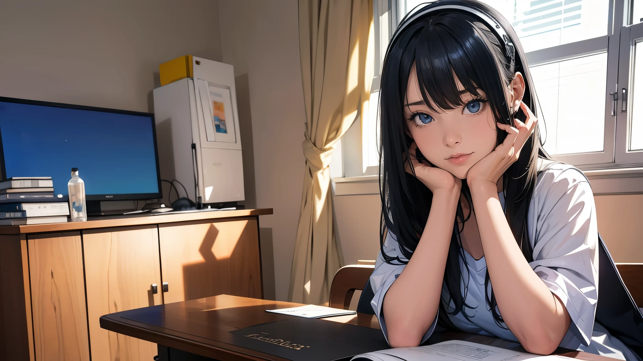 Ultra HD、super high quality、masterpiece、detailed、8K、The place is your room、A high school girl in her room1Person sitting and listening to music on headphones、Studying at a desk、The room is small、-yeld hischool girl、The high school girl is Russian and has long black hair.、Has blue eyes、Has a glamorous figure、The clothes she's wearing are a camisole, a miniskirt, and knee-high socks.、Or wearing a uniform、Pretty sexy、Lo-Fi images,The background is blurred、Nostalgic and relaxing atmosphere、The decorations are retro.、Late Night、The light is a desk lamp