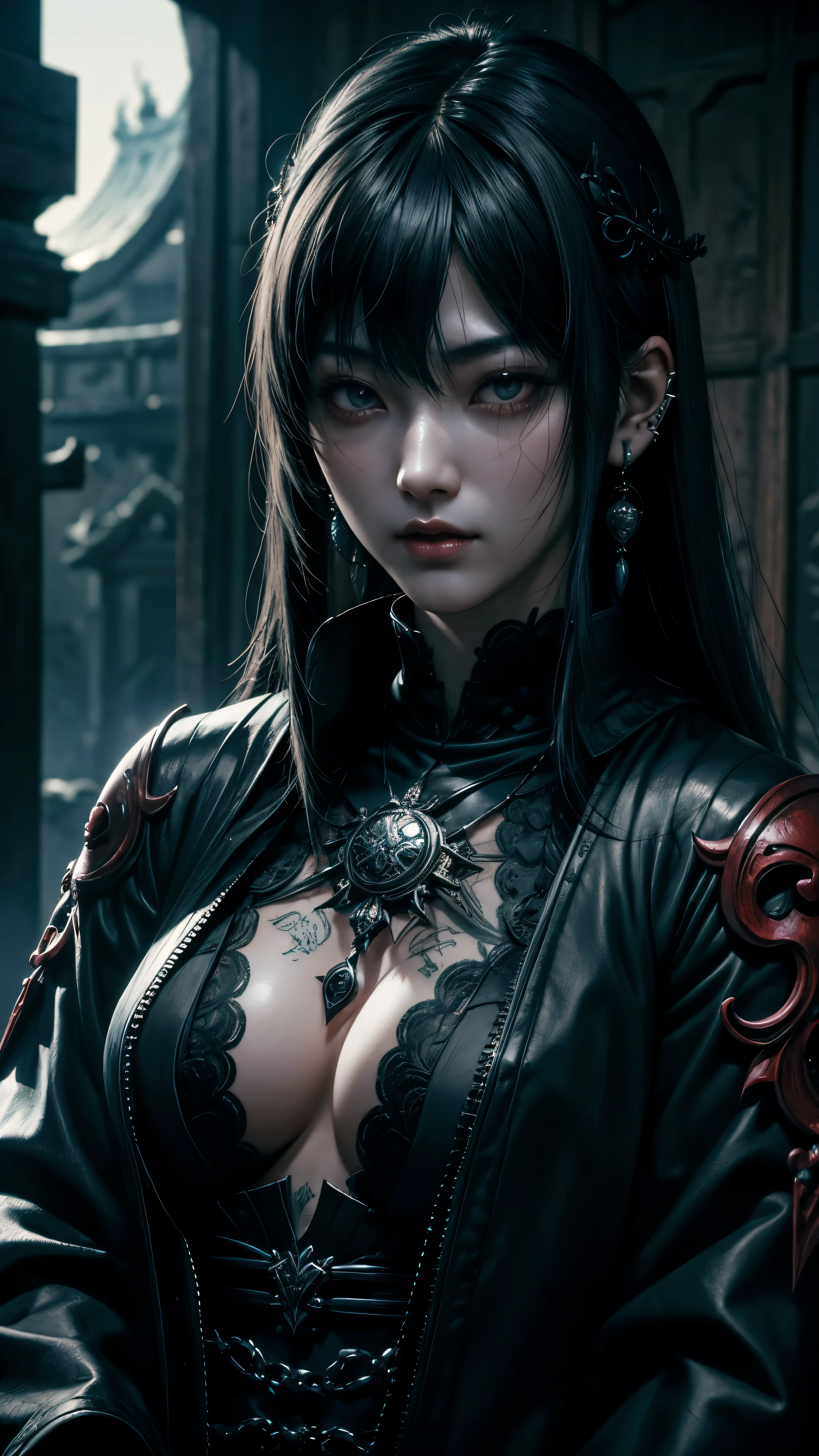 (Dark Fantasy) japanese girl. Black hair. Tattooed. Piercings nos seios fartos. Vestes de Alquimista. (Fatal Frame)