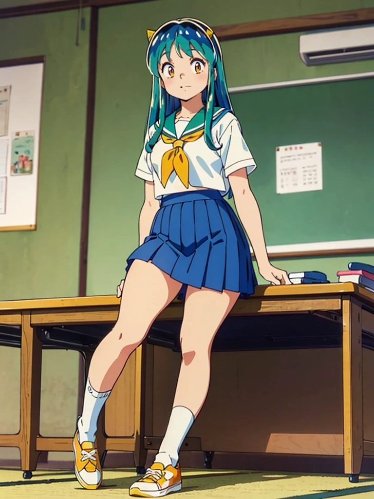 masterpiece, Highest quality, 1 Girl, Lum, Sailor suit, Summer clothes, Navy Blue Skirt, uniform, anime, Charm, 18-year-old, sexy, Stand with your feet apart, Japan, High definition, From before, classroom, Green Hair, Cowboy Shot, smile, Yellow neckerchief, 1980年代animeスタイル, White socks, Orange sneakers