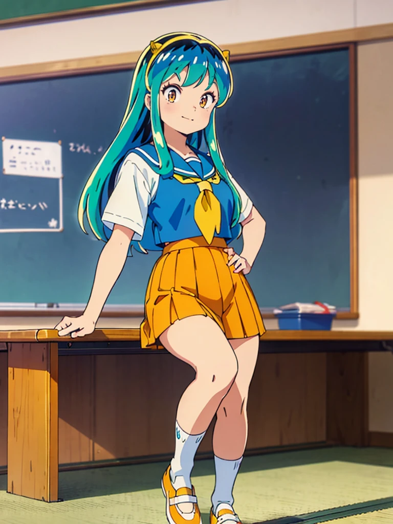 masterpiece, Highest quality, 1 Girl, Lum, Sailor suit, Summer clothes, Navy Blue Skirt, uniform, anime, Charm, 18-year-old, sexy, Stand with your feet apart, Japan, High definition, From before, classroom, Green Hair, Cowboy Shot, smile, Yellow neckerchief, 1980年代animeスタイル, White socks, Orange sneakers