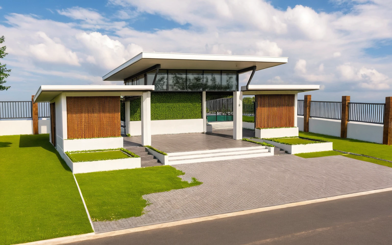 Masterpiece, high quality, best quality, authentic, super detail, outdoors, huts style modern, white wall, glass windows, gate road,pavement, grass, trees,blue sky, cloud, (day:1.1), realistic lighting