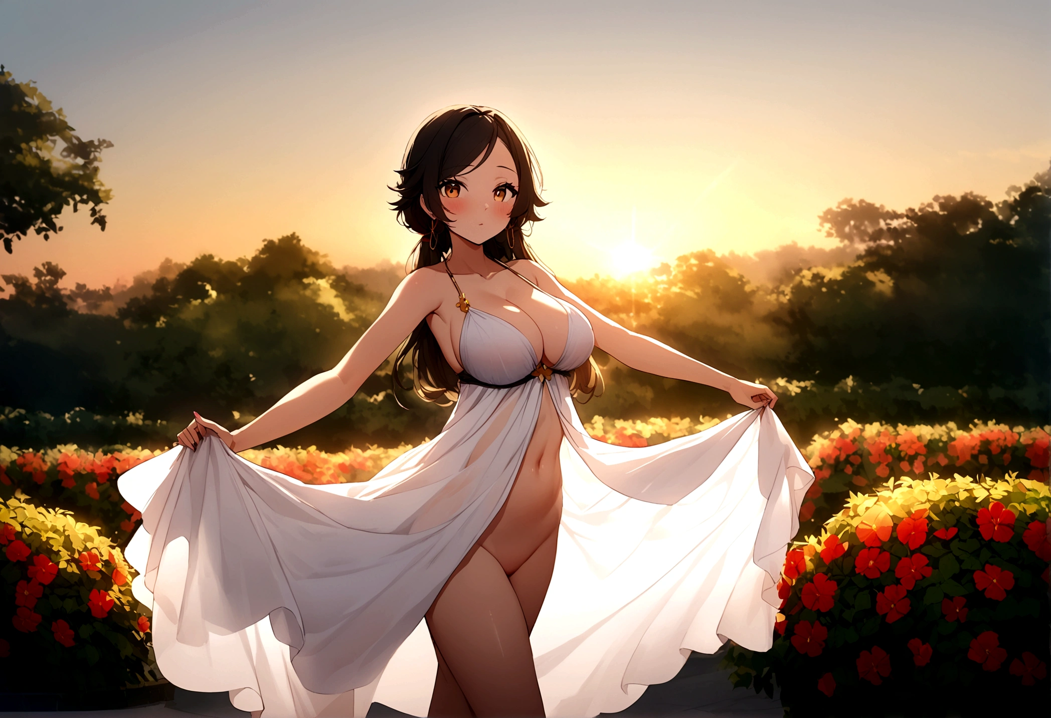 A lovely Malaysian woman (age 20, hijab no hair showing, busty, sheer summer dress (no underwear)), glamour poses in lavish garden at sunrise
