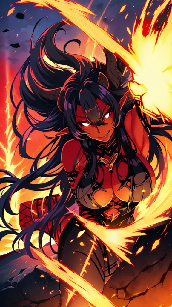 1girl,adult,fit,30s,solo,sensual,black armor,cleavage,pointy ears,black hair,long hair,(((red skin,colored skin))),night,red moon,flying,evil smile,dynamic pose, horns,fire magic,lady demon,