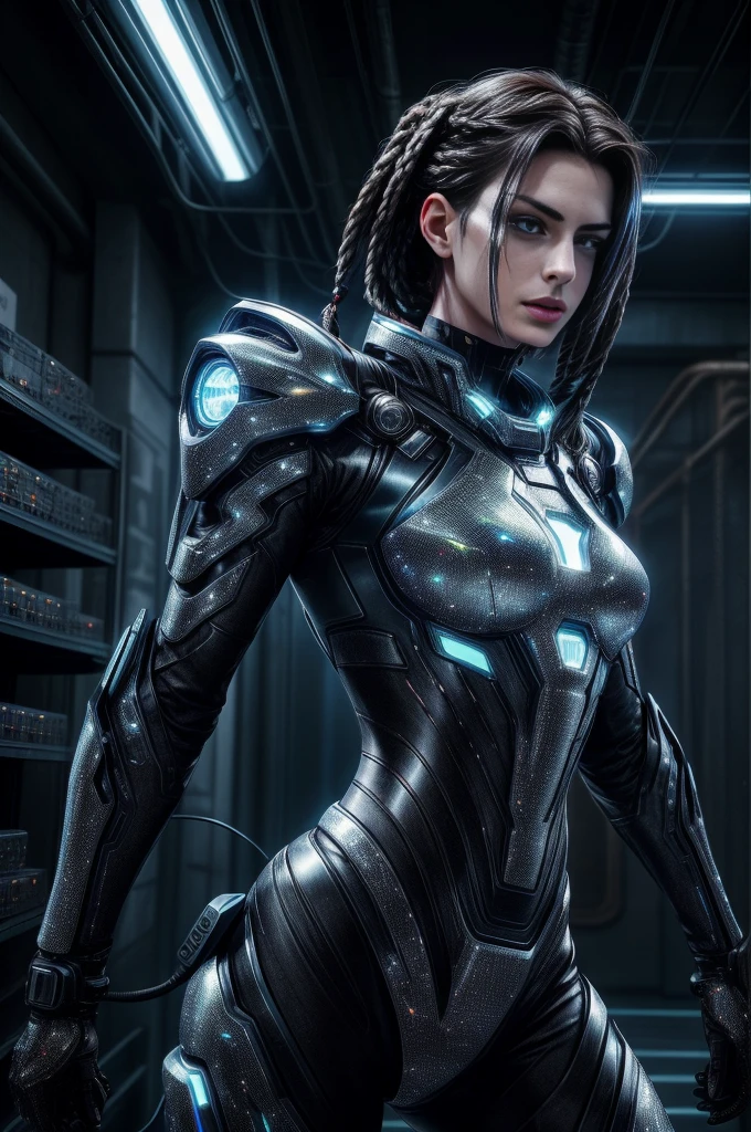 Anne Hathaway in an imposing futuristic post-apocalyptic cyberpunk environment full of technological details. The woman has rich, deep skin, with tones that glow under the scene's neon lighting. Her hair is a bold combination of dreadlocks and braids, decorated with metallic threads and small LEDs that blink softly, reflecting the colorful lights in the room. His face is sculpted with strong, elegant features, highlighting piercing eyes that glow with a cybernetic blue intensity. She wears metallic makeup, with silver shadows and lips painted an intense purple, adding a touch of mystery and power. His athletic body is encased in a futuristic combat suit made from synthetic and metallic materials. The look is a combination of black, silver and neon blue, with details that suggest high technology, such as embedded circuits and light panels. Plates of armor protect his shoulders, arms, and legs, while cables and wires connect to devices on his body, indicating a perfect fusion between human and machine. giving it a vivid and dynamic, hyper-realistic cinematic look.