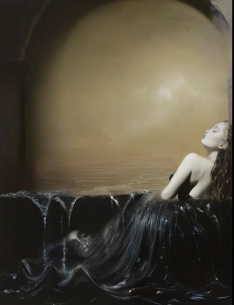 James Gurney, Surrealist art , dream-like, Mysterious, Provocative, symbolic, Complex, detailed,, (Gothic but very beautiful:1.4), (masterpiece, Highest quality:1.4) , Nicola Samori Style, siren 、Water bubbler made of wavy hair dissolved in water