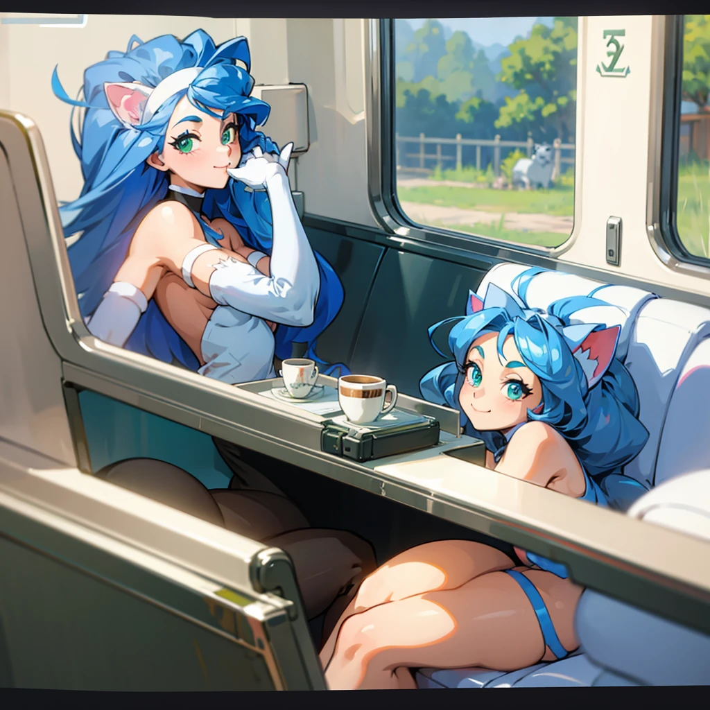 Felicia, blue hair, green eyes, cute smile, happy, big breats, big ass, in a train with a cat theme, sitting in a table drinking coffe. 