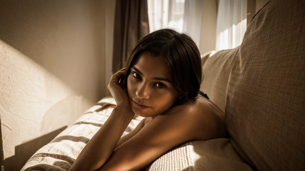 photographie d&#39;a 20 yo woman, visage parfait, originally from Central America, head of&#39;artwork, Great, Underwear, noir_Great, jacket, noir_culotte, black hair, green eyes, Sexy lingerie 
