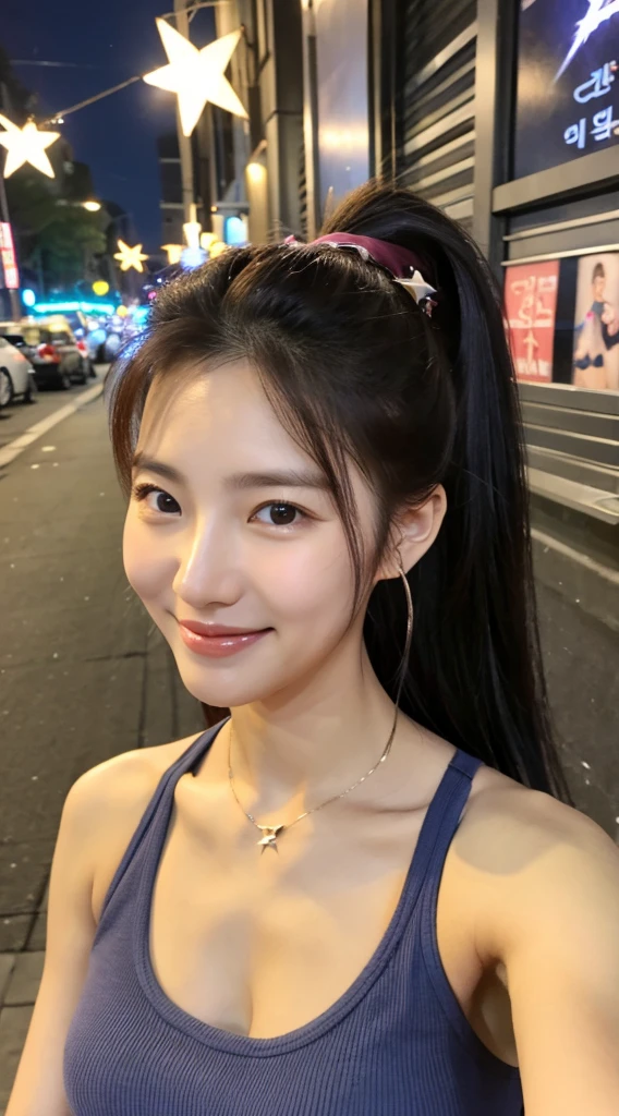 Realistic photos of (1 cute Korean star) ponytail hair, slightly smile, 32 inch breasts size,wearing  tank top, taking selfie, at the street side, night, close-up, UHD