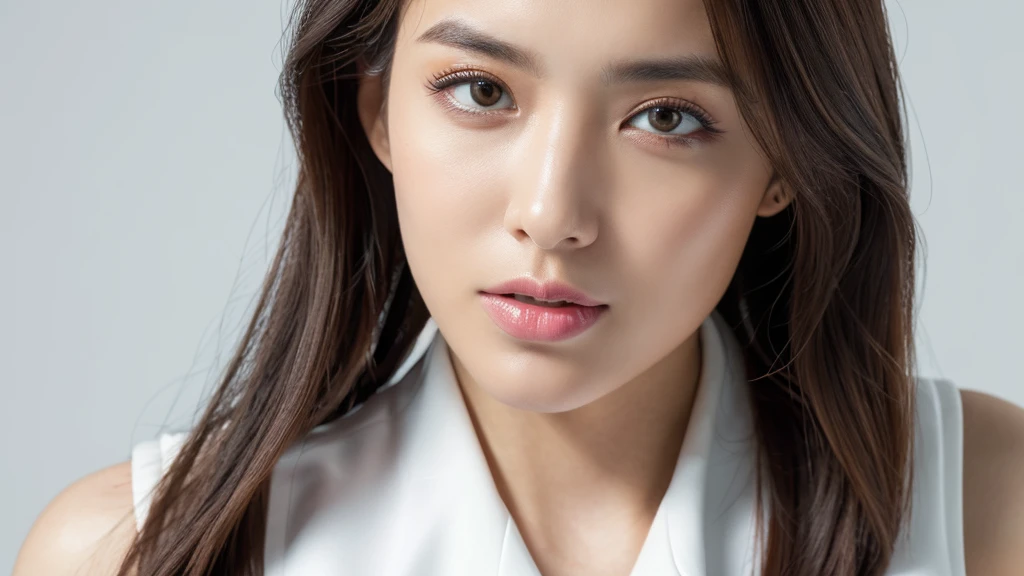 (detailed face),VIVID,normal breasts,pretty,chair,sleeveless and turtle neck white silky clothes,4k ,super high resolution ,(photo-realistic: 1.7),white background,long hair,