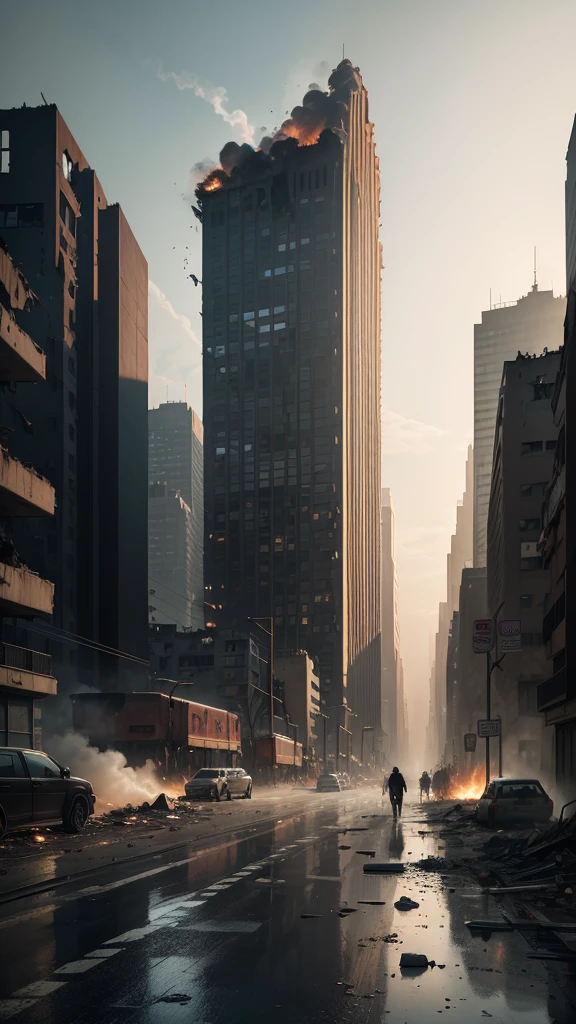 Tiro no meio, (Estilo Cel-shading:1.3), Grupo de astronautas saindo da a nave espacial pousada na rua de uma grande cidade, Imagem centralizada, Ultra-detailed illustration of a ruined 21st century metropolis, Tall buildings destroyed, ruas com carros queimando, election posters strewn across the streets,and wars and much destruction to, (cores tetradicas), Inkpunk, (linhas de tinta:1.1), contornos fortes, Arte por Sead Mead, Bold strokes, Unframed, alto contraste, (cel-sombreado:1.1), vetor, 32k resolution, melhor qualidade, cores planas, Luzes planas