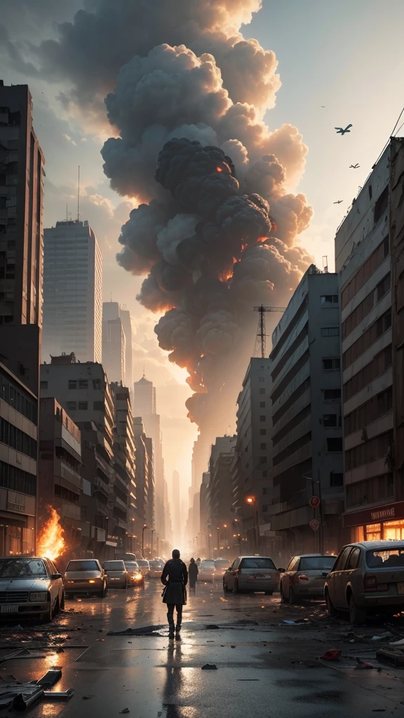 “Generate an image of a large city in ruins after a world war. The scene should depict widespread destruction with collapsed buildings, shattered windows, and rubble scattered across the streets. Smoke and fire should be visible in various parts of the city, adding to the chaotic atmosphere. The sky is dark and filled with ash and debris. There are remnants of abandoned vehicles and signs of a once bustling urban life now left in devastation. The overall mood should be somber and haunting, capturing the aftermath of a catastrophic conflict.”