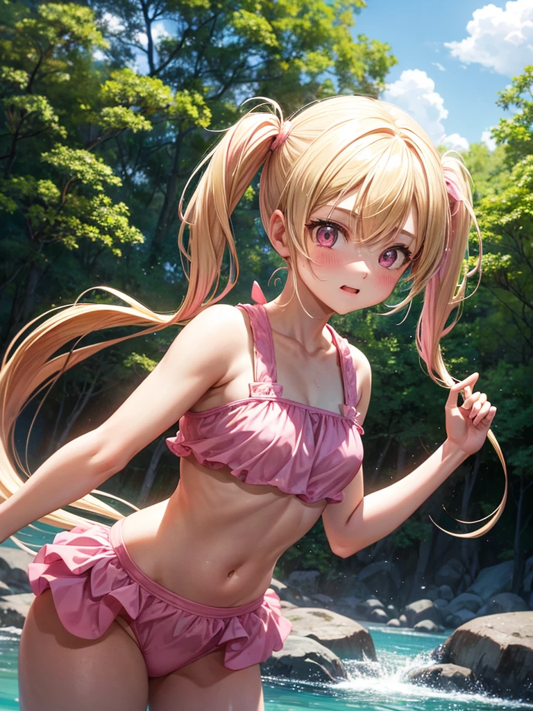 1 girl, two pigtails falling over her shoulders with pink rubber bands, blond hair, wearing a pink swimsuit, Dragon Ball style, in a forest in front of a beautiful lake