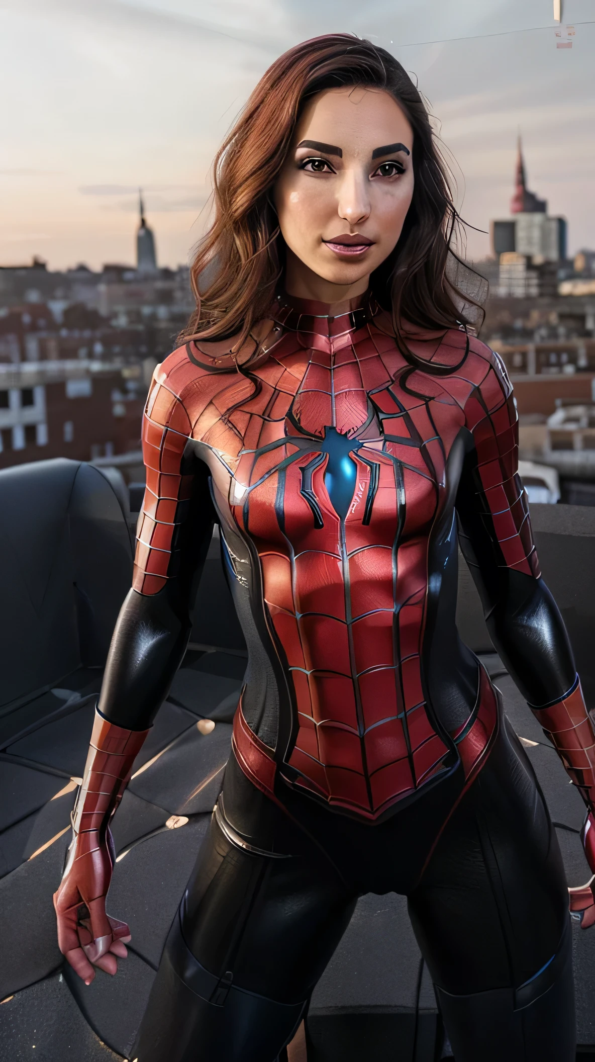 (Spider-Man shiny costume), (((shiny latex suit))), ((Emily Willis)), (((exposed breasts, show nipples))), costume dissolving1.2, bright eyes, ((costume is disappearing from her chest to her vagina)), smile, cameltoe:1.5Beautiful woman detailed defined body, ((spider man cosplay)), small breasts, ((breasts popping out)), thigh gap, (exposed midriff) unzipped, auburn hair, narrow waist, wide hips ((bare chest)), (show nipples) (((location is detailed city rooftop))), time of day is night, the costume is removing ((her bare breasts are exposed)), visible nipples, (toned body)