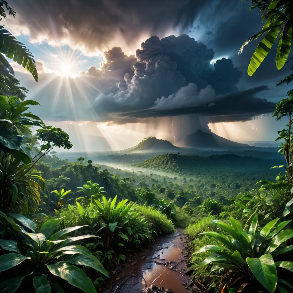((masterpiece)), ((best quality)), ((Extremely detailed)), (Astonishing:1.1), beautiful, nature, sky and ground, (Sunrise Time), Strong wind, Rain, Line Cloud,Rays of light coming from the clouds, Located in a remote jungle, Award-winning photos, BLN-L24, touch,High contrast,Low saturation,High saturation 8k 3D, F2.8 Lenses, Aerial View, 