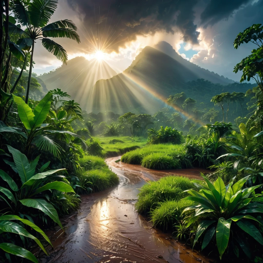((masterpiece)), ((best quality)), ((Extremely detailed)), (Astonishing:1.1), beautiful, nature, sky and ground, (Sunrise Time), Strong wind, Rain, Line Cloud,Rays of light coming from the clouds, Located in a remote jungle, Award-winning photos, BLN-L24, touch,High contrast,Low saturation,High saturation 8k 3D, F2.8 Lenses, Aerial View, 