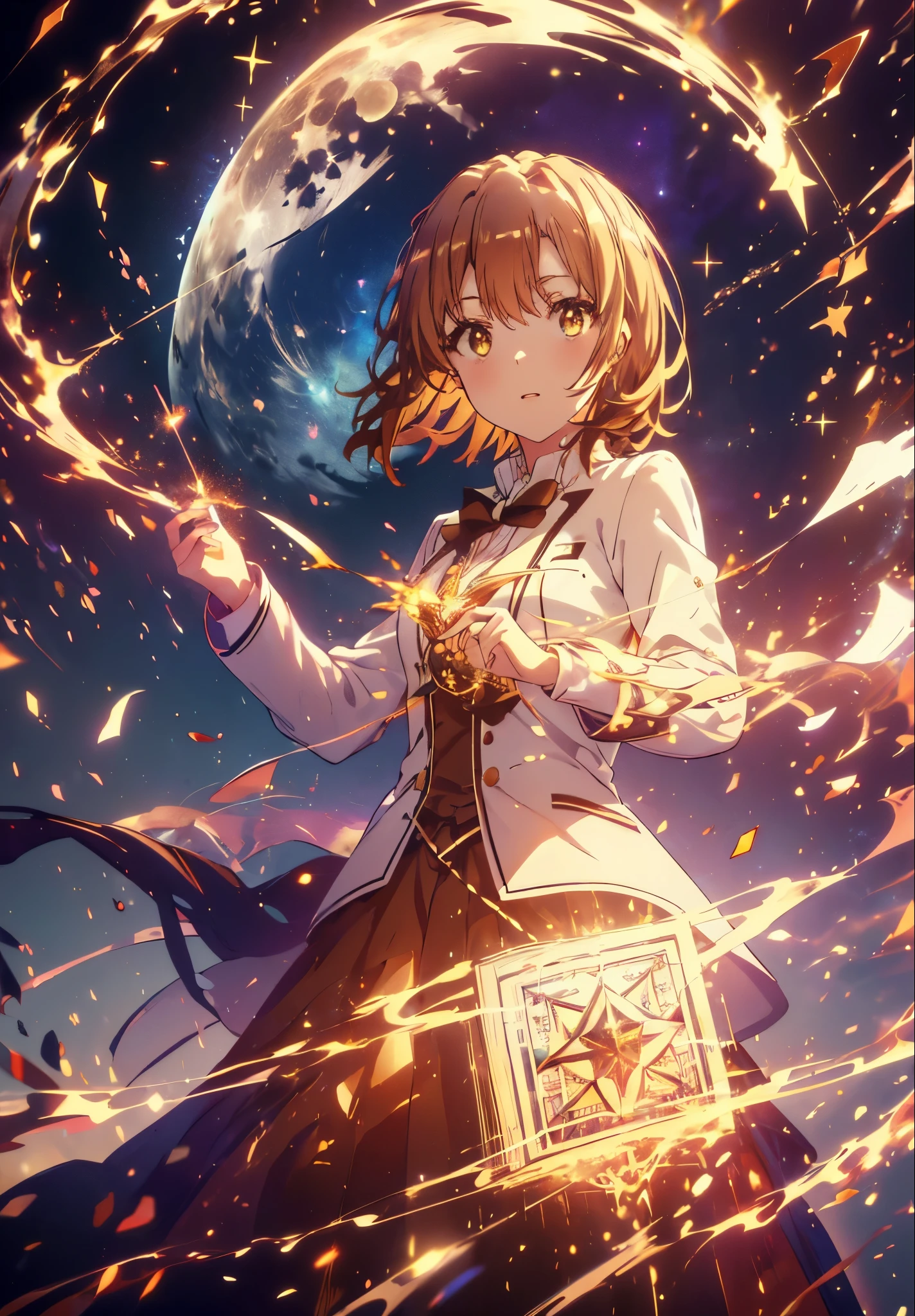 Irohaisshiki, isshiki iroha, Short Hair, Brown Hair, (Brown eyes:1.5), smile,((Night Sky)),((Big full moon)),((Sparkling and colorful stars)),Fluffy hair,((Idol style costume with soft volume)),Long skirt,Holding a magic book in his right hand,Uses magic with left hand,((witch)),Rubik&#39;s Square,
break outdoors, forest,forest
break looking at viewer,Upper Body,
break (masterpiece:1.2), Highest quality, High resolution, unity 8k wallpaper, (shape:0.8), (Narrow and beautiful eyes:1.6), Highly detailed face, Perfect lighting, Highly detailed CG, (Perfect hands, Perfect Anatomy),