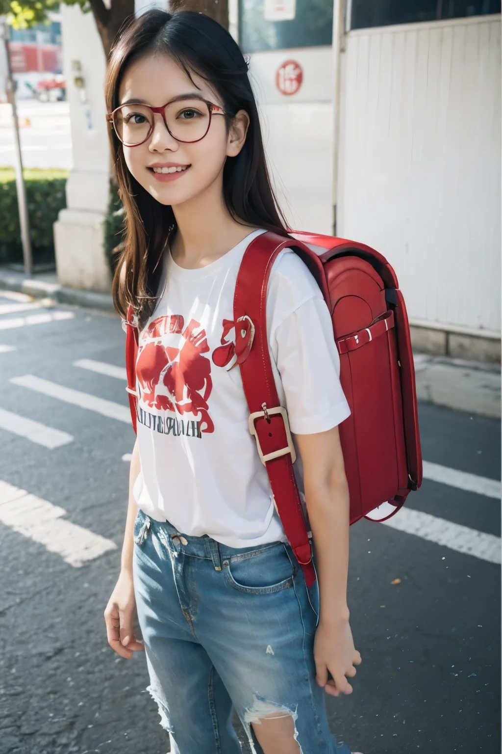 Masterpiece, detailed, realistic, hd, 1 girl, wear white shirt, smile, wearing glasses, short sleeves, wear denim minipants, wear sneakers, standing, fullbody, wearing red backpack, (red backpack:1.2), daytime, sunlight, park