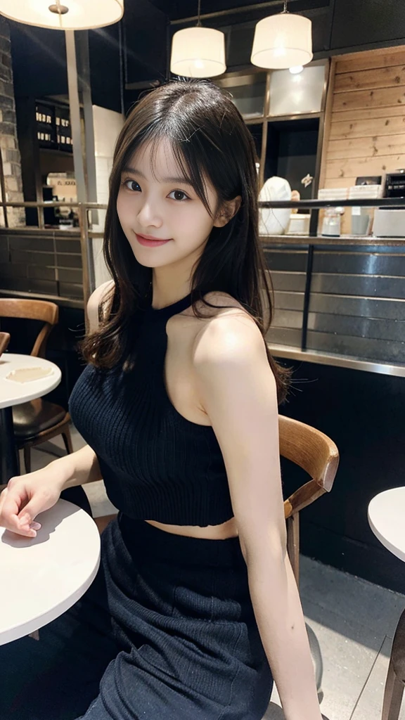 18 years old girls，Perfect face and，cute clothing，slim and slender physique。The skin has detailed and highly detailed eyes（1.1 emphasis），Very detailed skin texture（1.1 emphasiodel photo style，realisticlying，skin texture is real human skin texture，Detailed Skin Pore，Complicated details，The eyes are very detailed，kneesup，Attractive and sexy chibi，smile，，Eat parfait at a café，sitted，Dark blue knit sweater，black long pants，coffeehouse，tit，areola of breast，full bodyesbian，Full-body photography，Full body photography，Full body like，Slim waistline， Tempting,  slutty, ((Topless))， (Realistic, photograph realistic:1.37), Cinematic light