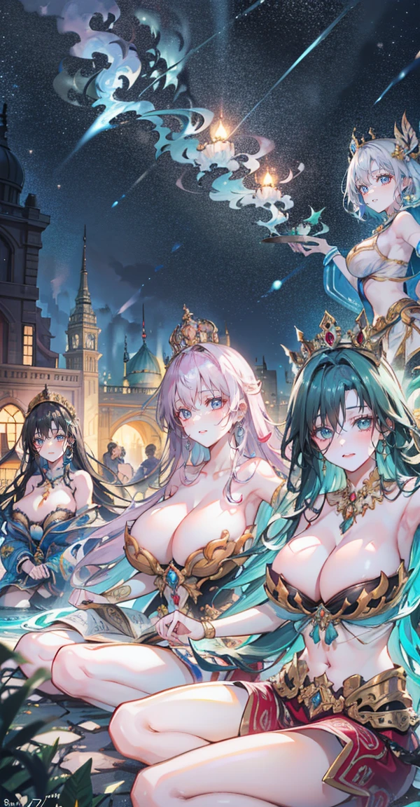 Group of 5 princesses,(6 young women,many young women), (in the palace),Various hair styles, harem,(shiny armor, Beautiful crowns and jewelry,crystal filigree jewelry), at night, detailed face, big breasts,Breast curtain, long skirt, mule, Sleeveless , Show your armpits, at night, starry at night,(large areolae:1.4,pink,The nipples are clearly visible....),(Various poses),Highest quality、Highest picture quality、Masterpiece