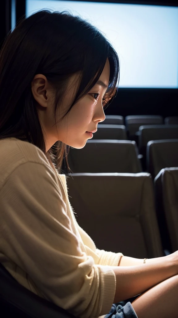 Dimly lit movie theater. Watching a movie. The light from the screen illuminates her face. Looking at the screen. A Japanese girl in her 20s is crying.