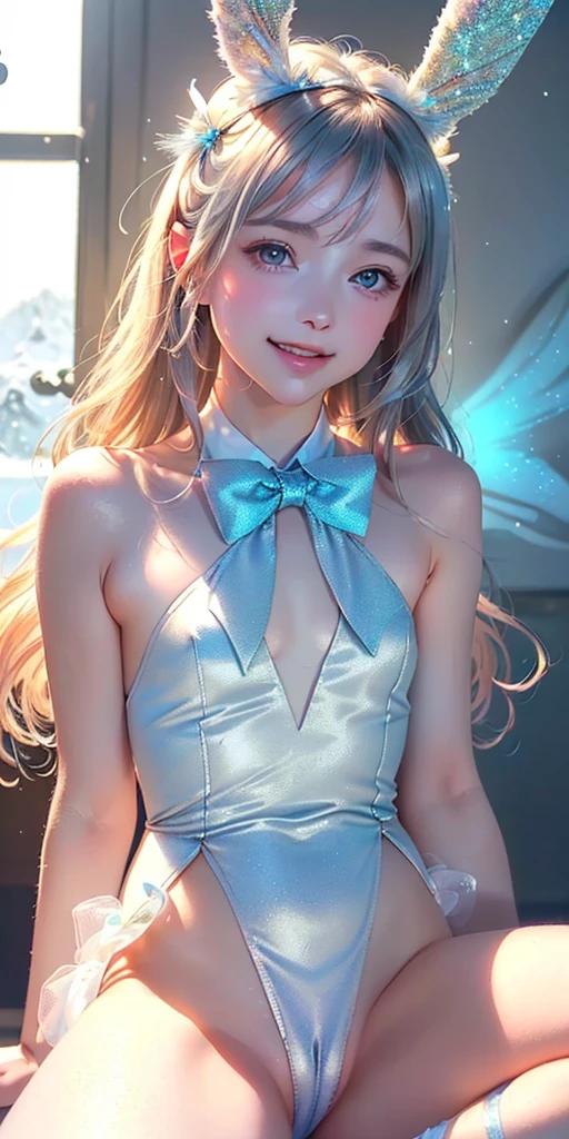 masterpiece, best quality, extremely detailed CG unity 8k wallpaper,((Upper Body)) ,((Upper Body head close-up shot of a beautiful girl)), , Elegant Long straight blonde hair, (Mckenna Grace), ((flat chest,thighs,Autoluminescence skin)), (Silver-blue) golden (Glittering tutu,long Bunny Ear Headgear, , Bow-tie, No panties, genitals visible), ((sitting,spread legs)),(), (Blush), , (seductive smile), (A world of ice and snow), pretty face, key art, award winning, intricate detail realism hdr, by (ruan jia and artgerm and range murata), Photorealism, Hyperrealism, ultra realistic, dramatic light, intense shadows, gorgeous view, depth of field