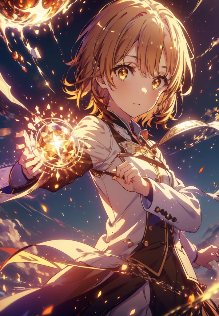 Irohaisshiki, isshiki iroha, Short Hair, Brown Hair, (Brown eyes:1.5), smile,((Night Sky)),((Big full moon)),((Sparkling and colorful stars)),Fluffy hair,((Idol style costume with soft volume)),Long skirt,Holding a magic book in his right hand,Uses magic with left hand,((witch)),Rubik's Square,
break outdoors, forest,forest
break looking at viewer,Upper Body,
break (masterpiece:1.2), Highest quality, High resolution, unity 8k wallpaper, (shape:0.8), (Narrow and beautiful eyes:1.6), Highly detailed face, Perfect lighting, Highly detailed CG, (Perfect hands, Perfect Anatomy),